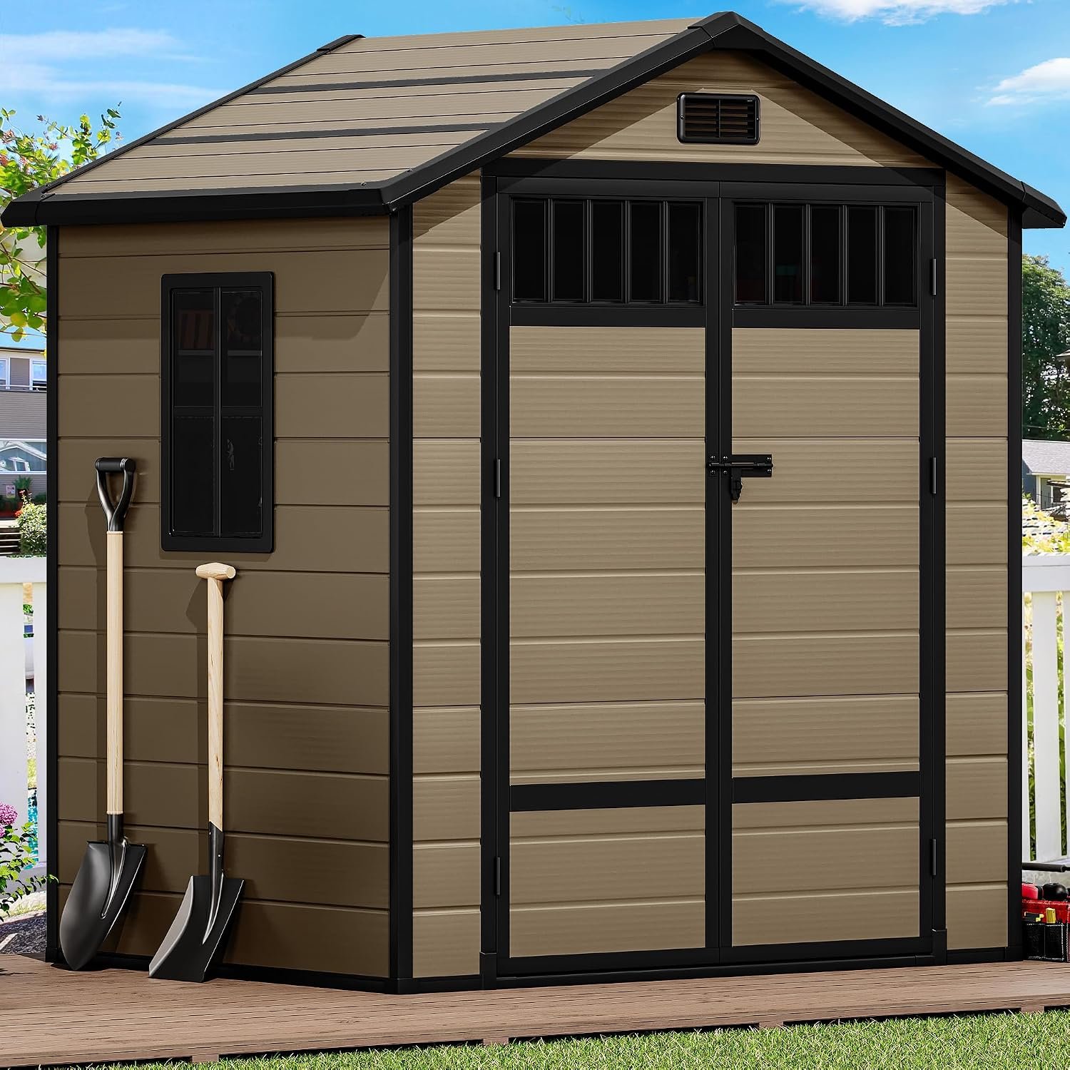 Resin Storage Shed with Fence-Style Window and Ventilation for Garden Tools Resin Storage Shed with Fence-Style Window and Ventilation for Garden Tools - Image 1