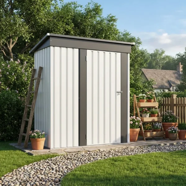 5x3_metal_shed_with_floor_frame_white_scene Patiowell 5x3 Metal Shed with Floor Frame, White