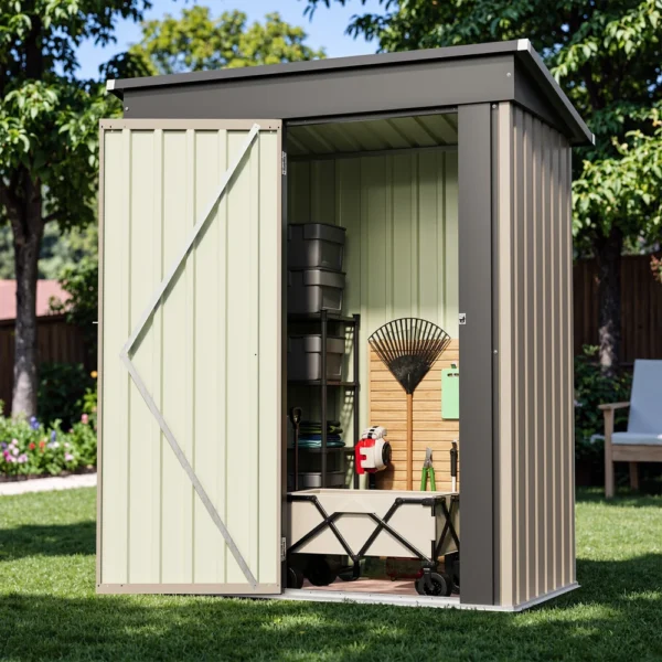 product-5x3-metal-shed-brown-scene-img-open-door Patiowell 5x3 Metal Shed with Sloped Roof and Lockable Door (Brown)